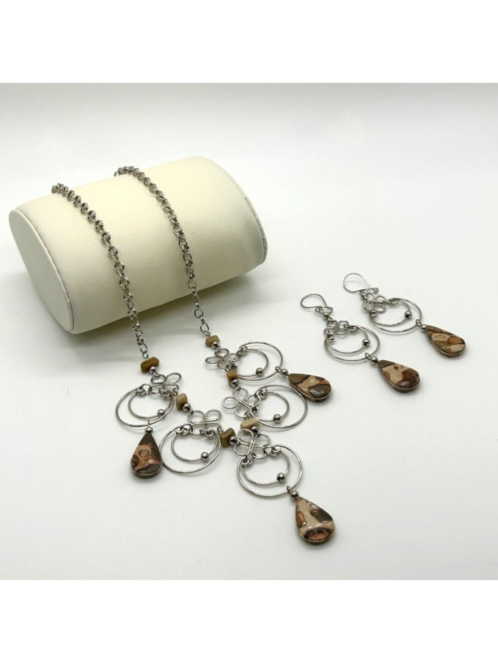 Natural Stone Silver Hoop Necklace & Earring Set Brown Teardrop Boho Modernist